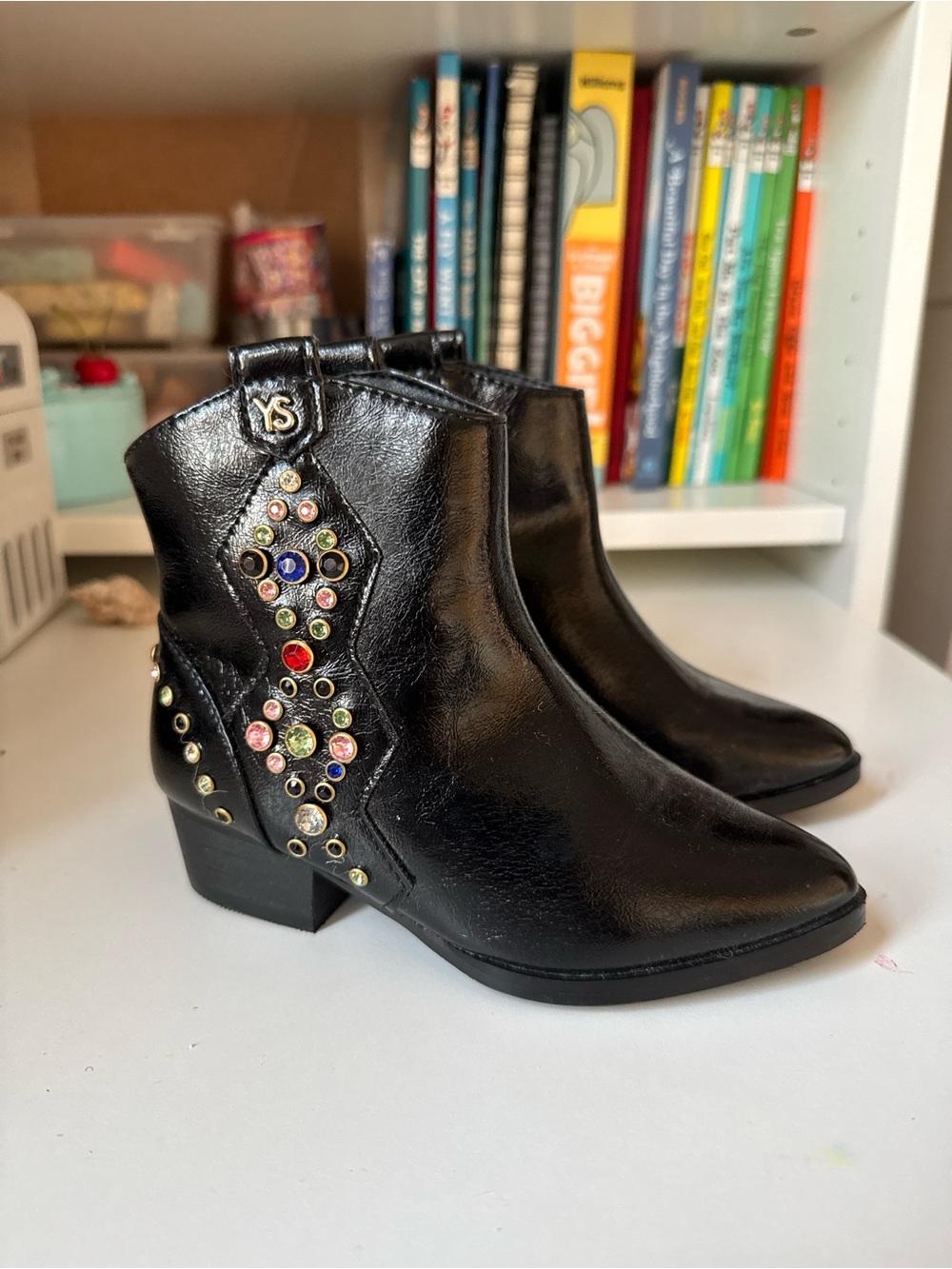 Yosi Samra Black Leather Kids Jewel-Studded Ankle Boots